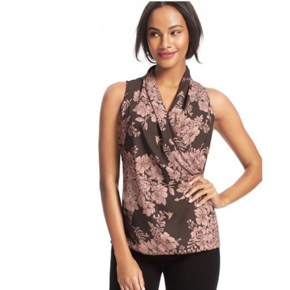 CABI #594 Pink & Brown Floral Print Wrap Top sz S